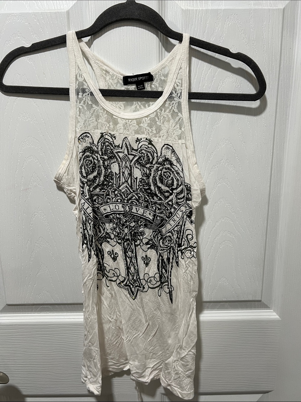 White Lace-Back Graphic Tank Top